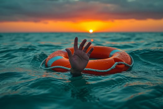 Rescue buoy and drowning hand, concept of helping