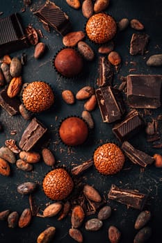 Homemade sweetmeats with chocolate bars and cocoa beans