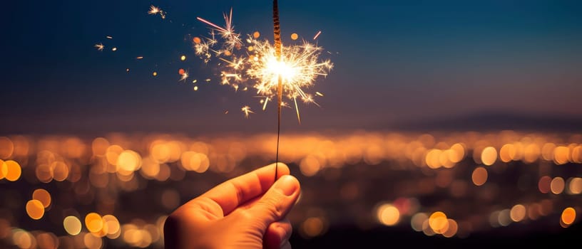 A luminous sparkler held high above a bustling cityscape creates a captivating and mesmerizing scene.