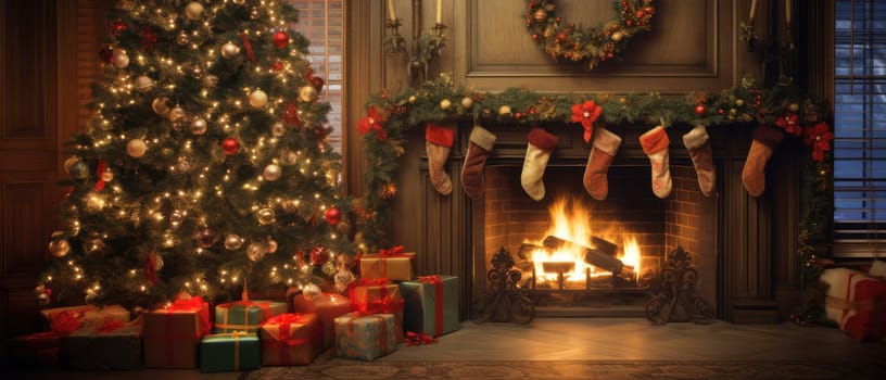A cozy fireplace adorned with Christmas stockings and surrounded by presents, creating a warm and joyful holiday atmosphere.