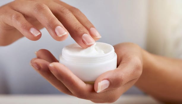 Woman holding jar of moisturizing face cream, closeup. Beauty treatment concept. AI generated