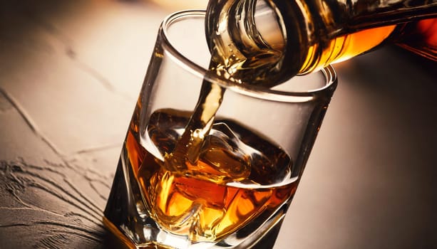 Pouring whiskey from bottle into glass on bar counter. AI generated