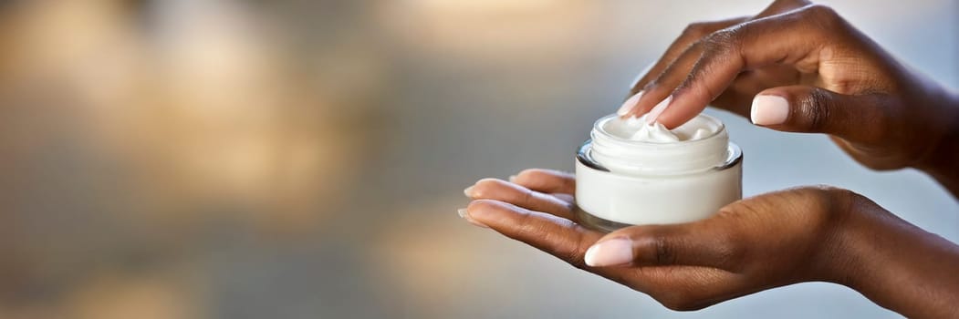Woman holding jar of moisturizing face cream, closeup. Beauty treatment concept. AI generated
