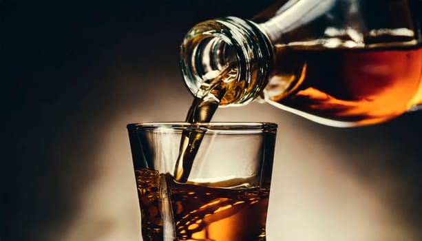 Pouring whiskey from bottle into glass on bar counter. AI generated