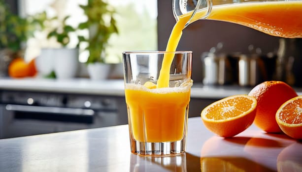 Pouring fresh orange juice into a glass with fresh fruits in background. AI generated