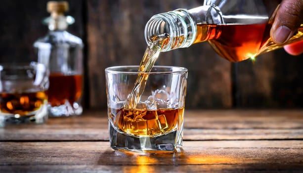Pouring whiskey from bottle into glass on bar counter. AI generated