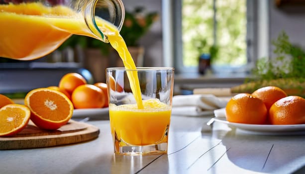 Pouring fresh orange juice into a glass with fresh fruits in background. AI generated