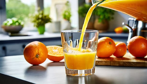 Pouring fresh orange juice into a glass with fresh fruits in background. AI generated