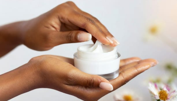 Woman holding jar of moisturizing face cream, closeup. Beauty treatment concept. AI generated