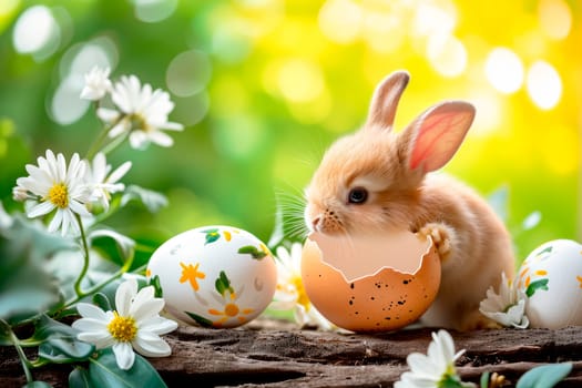Happy Easter holiday background. Cute miniature rabbit with egg shell,  egg elements and spring flowers. AI generated