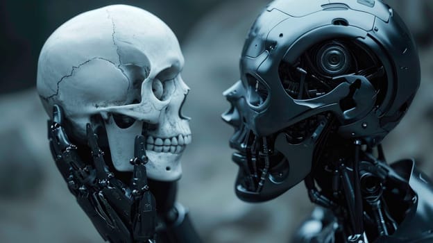 Robot  holding a human skull. Cyborg with human skull in his hands. AI generated