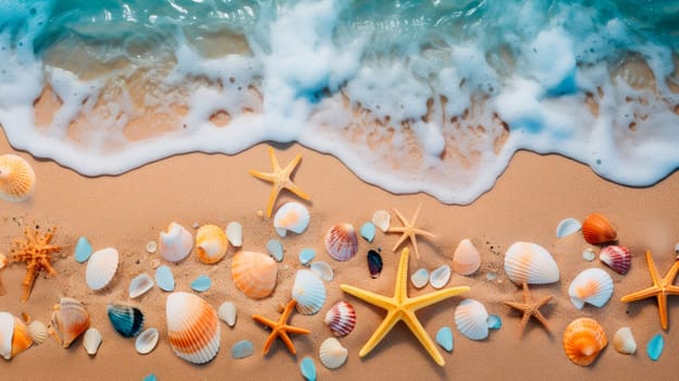 Sandy beach with collections of seashells and starfish as natural textured background for summer holiday and vacations concept . AI generated