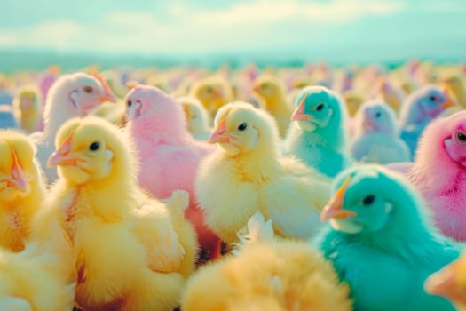 Happy Easter background. Large group of newly hatched colored chicks on a chicken farm. AI generated