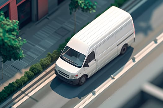 White delivery cargo courier van moving fast on city street. Aerial top view. AI generated