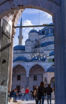 Istanbul, Turkey - November 11, 2023: Sultan Ahmet Mosque is a historic mosque in Istanbul Turkey. The mosque is popularly known as the Blue Mosque for the blue tiles adorning the walls of its interior