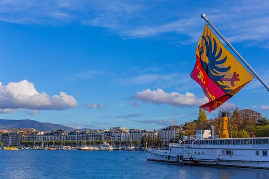 Geneva, Switzerland: November,15 2023: Boats on Lake Geneva. Lake Geneva iis a lake on the north side of the Alps, shared between Switzerland and France.
