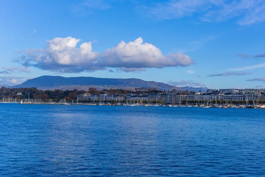 Geneva, Switzerland: November,15 2023: View of Lake Geneva. Lake Geneva is a lake on the north side of the Alps, shared between Switzerland and France