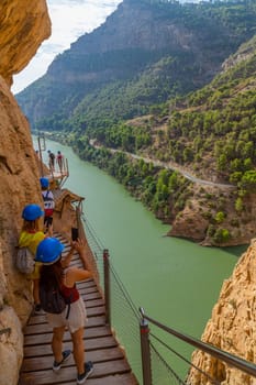 Caminito Del Rey, Spain, October 19, 2023: Visitors Walking Along the Worlds Most Dangerous Footpath Reopened in May 2015. Ardales, Spain.