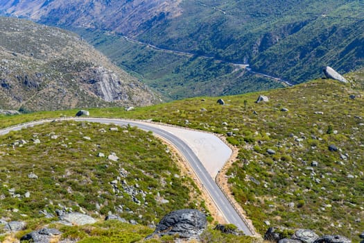 Landscape of the Serra da Estrela mountain range, along road, in Portugal
