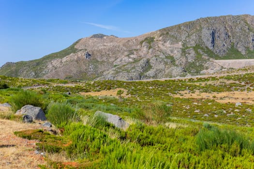 Landscape of the Serra da Estrela mountain range, along road, in Portugal