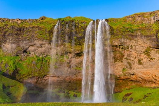 Beautiful Seljalandsfoss waterfall in summer sunny day with the green grass field in Iceland.