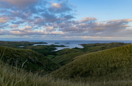 Top view of Nacula island at sunset, Yasawa island group, Fiji, South Pacific islands