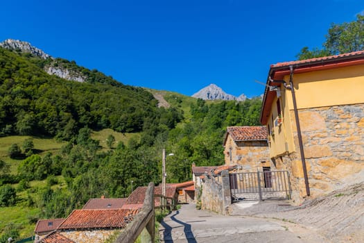 The village of Tuiza is located in the Natural Park of Las Ubinas-La Mesa. Behind it stands the imposing Pena Ubina with its 2417 m high. Asturias, Spain.