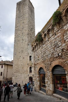 San Gimignano, Italy - Sept 17, 2022: Piazza Duomo in San Gimignano. Tuscany, Italy