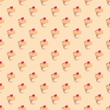 Seamless vector pattern or texture with cupcakes, muffins, sweet cake and red heart on top. Background with sweets for card, invitation, valentines, wallpaper, desktop or culinary blog website