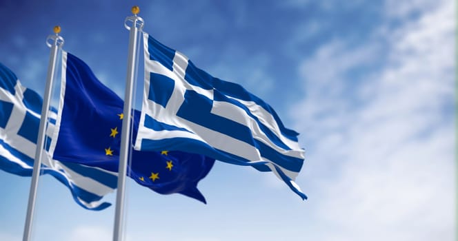 Greece and EU flags proudly wave, symbolizing unity, harmony, and democratic values. Perfect for showcasing cultural identity, diversity, and collaboration. 3d illustration render. Selective focus.