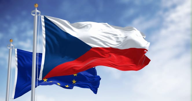 Czech Republic and European Union flags gracefully wave in the wind on a sunny day. Symbolic unity, patriotism, and European cooperation. 3d illustration render. Fluttering fabric