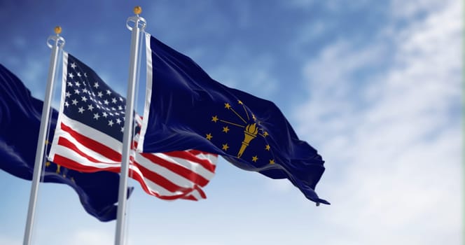 Indiana state flag waving with the national flag of the United States of America on a clear day. 3d illustration render. Fluttering fabric.