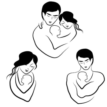 family icon, symbol parents sketch of lovely young married couple hugging little child vector illustration