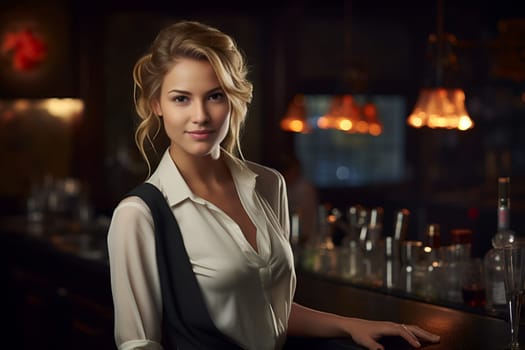Young blonde barman woman sitting at the bar in luxury interior.