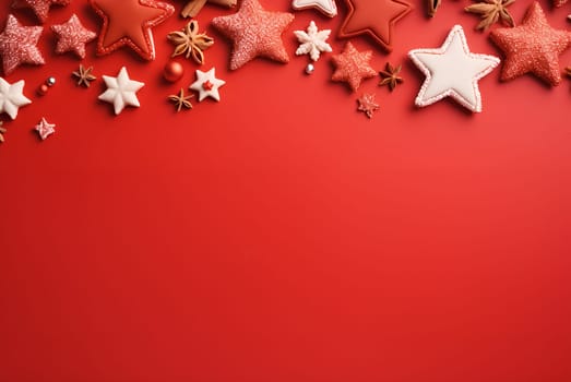 Red Christmas background with winter decoration, tree branches and stars. Holiday copy space layout