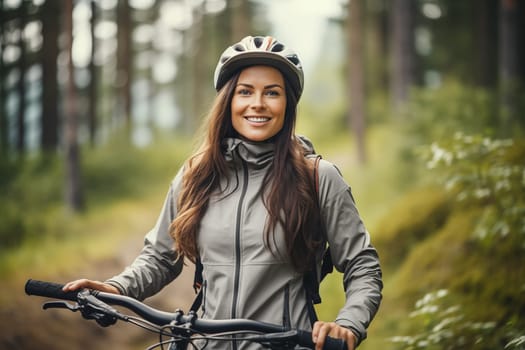 Young woman cyclist in helmet on forest trail