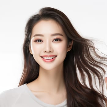 Young Asian beautiful smiling woman with long hair on white background..