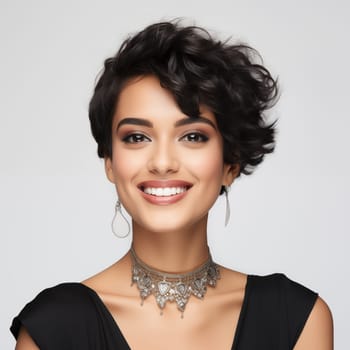 Portrait of smiling Arabian woman with short hairstyle, studio shot.
