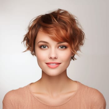 Beautiful young red haired woman portrait, short hairstyle, on white background studio shot