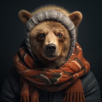 Realistic Bear with warm scarf. Studio shot. Animal behaves like a human.