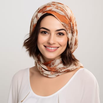 Portrait of islamic woman smiling. Beautiful asian muslim woman model posing on white wall studio