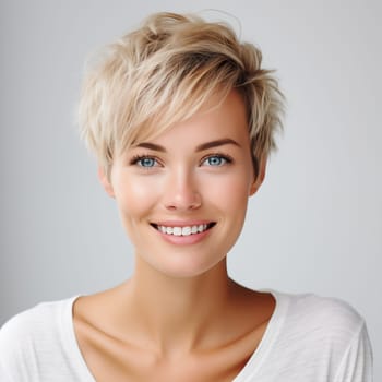 Beautiful young blonde woman portrait, short hairstyle, on white background studio shot