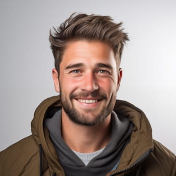Smiling Europan middle-aged man in casual clothes over white background.