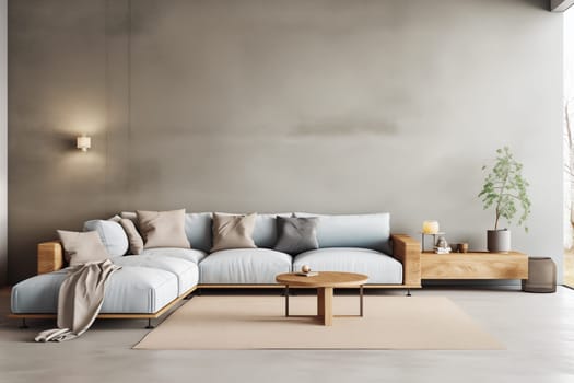 Interior design of cozy living room with stylish sofa, coffee table and floor lamp
