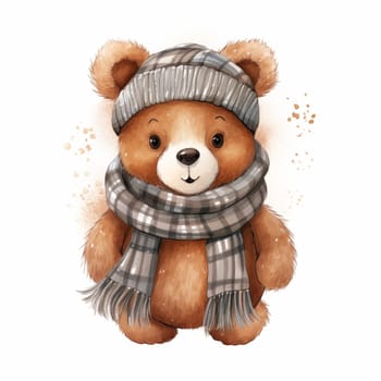 Toy cartoon bear with scarf on white background.