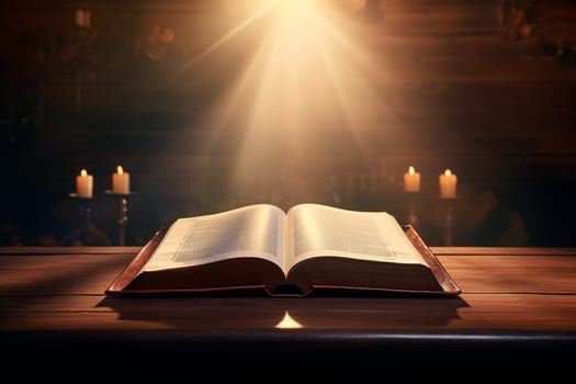 Holy Bible Old Book opened under Ray Lights On wooden Table.
