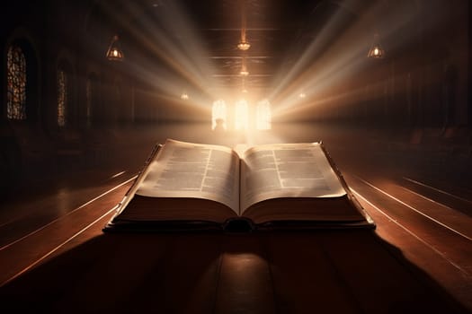 Holy Bible Old Book opened under Ray Lights On wooden Table.