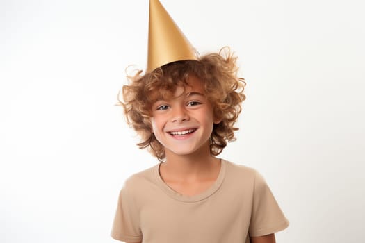 Happy curly boy with party hat on head, plain background.