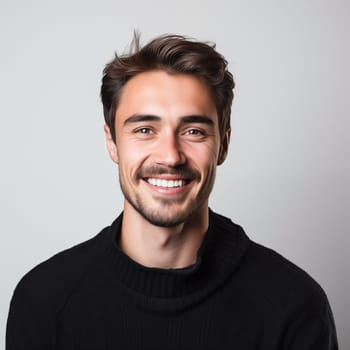 Smiling Europan middle-aged man in casual clothes over white background.
