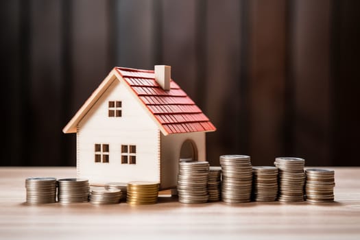 Property investment and house mortgage financial concept, money coin stack with wooden house